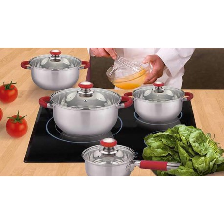 Juego de Ollas, Batería de cocina de acero inoxidable, 8 piezas, Tapas de Vidrio Templado con Seguridad